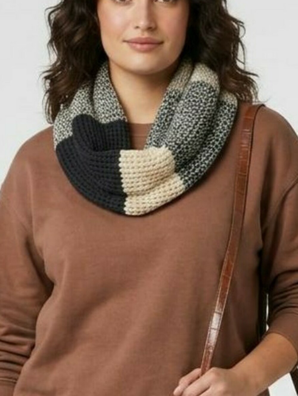 Roots Chunky Knit Infinity Scarf in Black, Gray & Cream